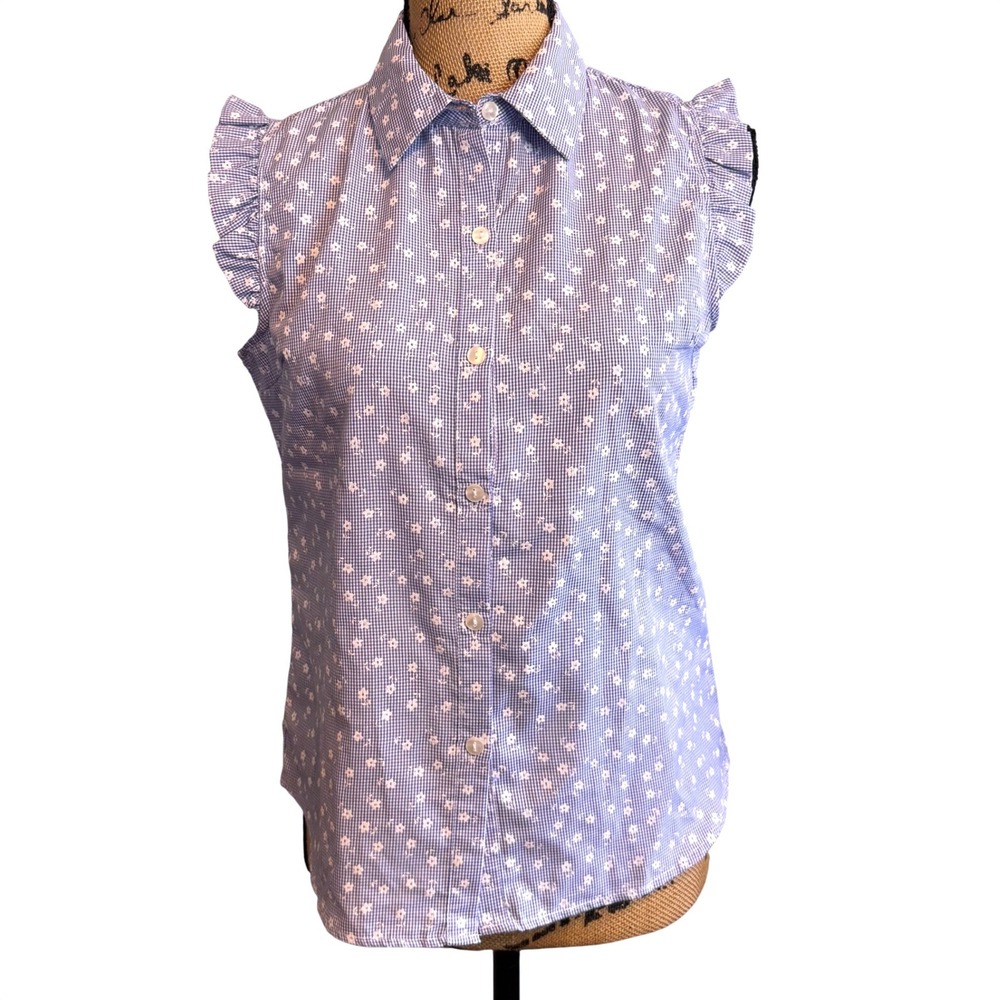 Love Notes Blue Gingham Floral‎ Embroidered Ruffle Cap Sleeve Button Down Top S